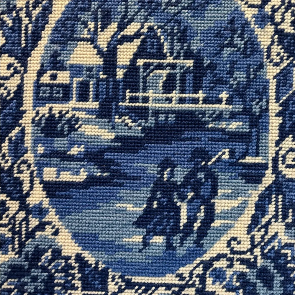 Vintage Blue Cross-Stitch Scenic Winter Art in Wooden Frame - Picture 3 of 16